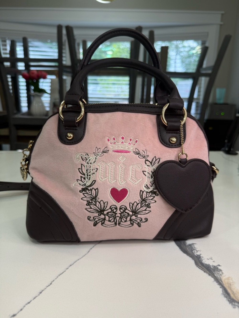 Juicy Couture Heritage Dome Satchel Bowler Bag In Pink Velour With Chocolate